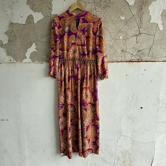 Vintage 70s Purple Paisley Maxi Dress Celanese Knit High Neck Long Sleeve M